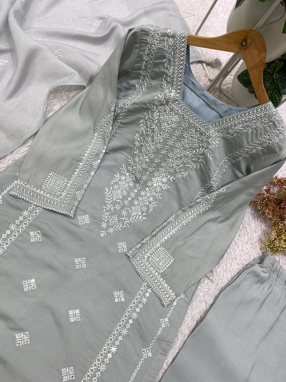 Catchy Light Sage Roman Silk Embroidered Suit Set