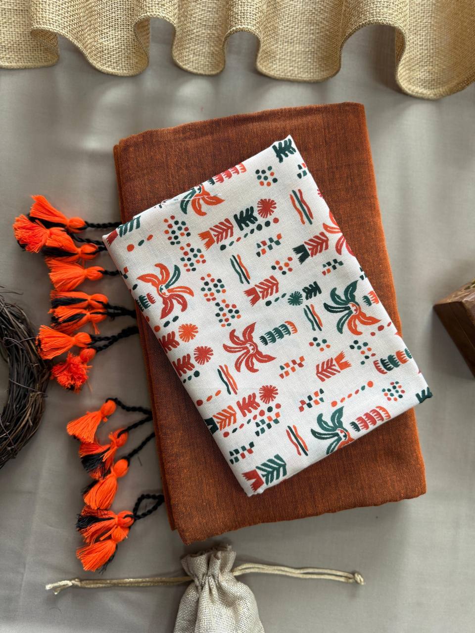 Orange Handloom Cotton Saree With Pam Tree Printed Blouse