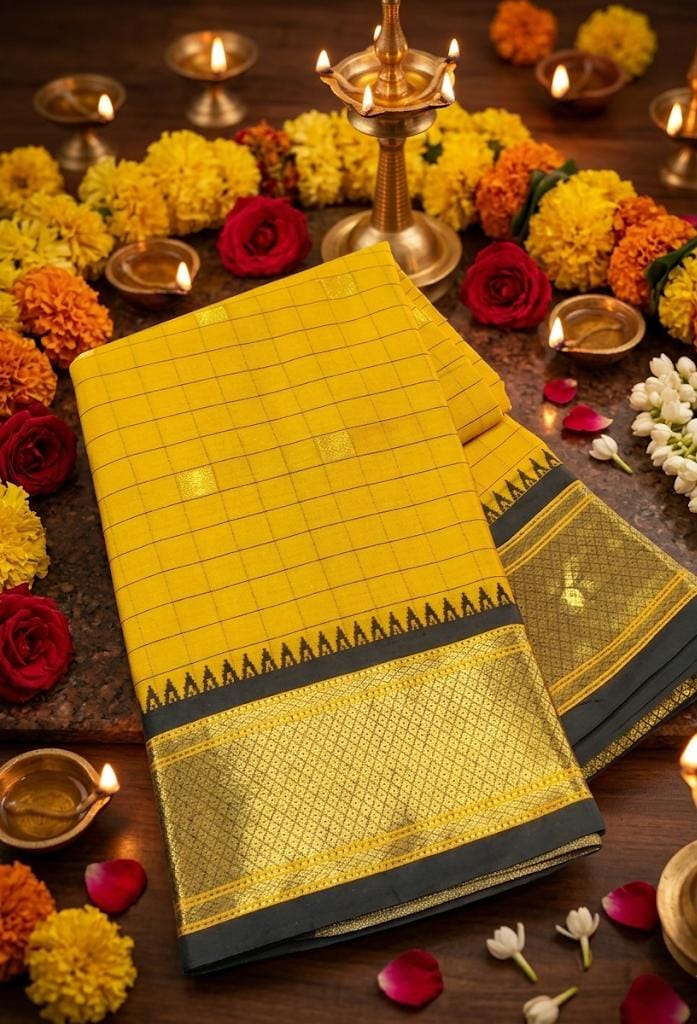 Exclusive Yellow & Gold Chex Woven Cotton Silk Saree With Gold Zari Waving Work