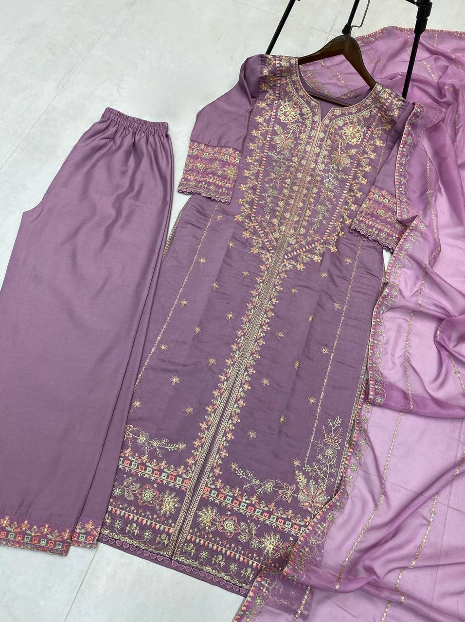 Premium Roman Silk Embroidery Suit Set With Dupatta