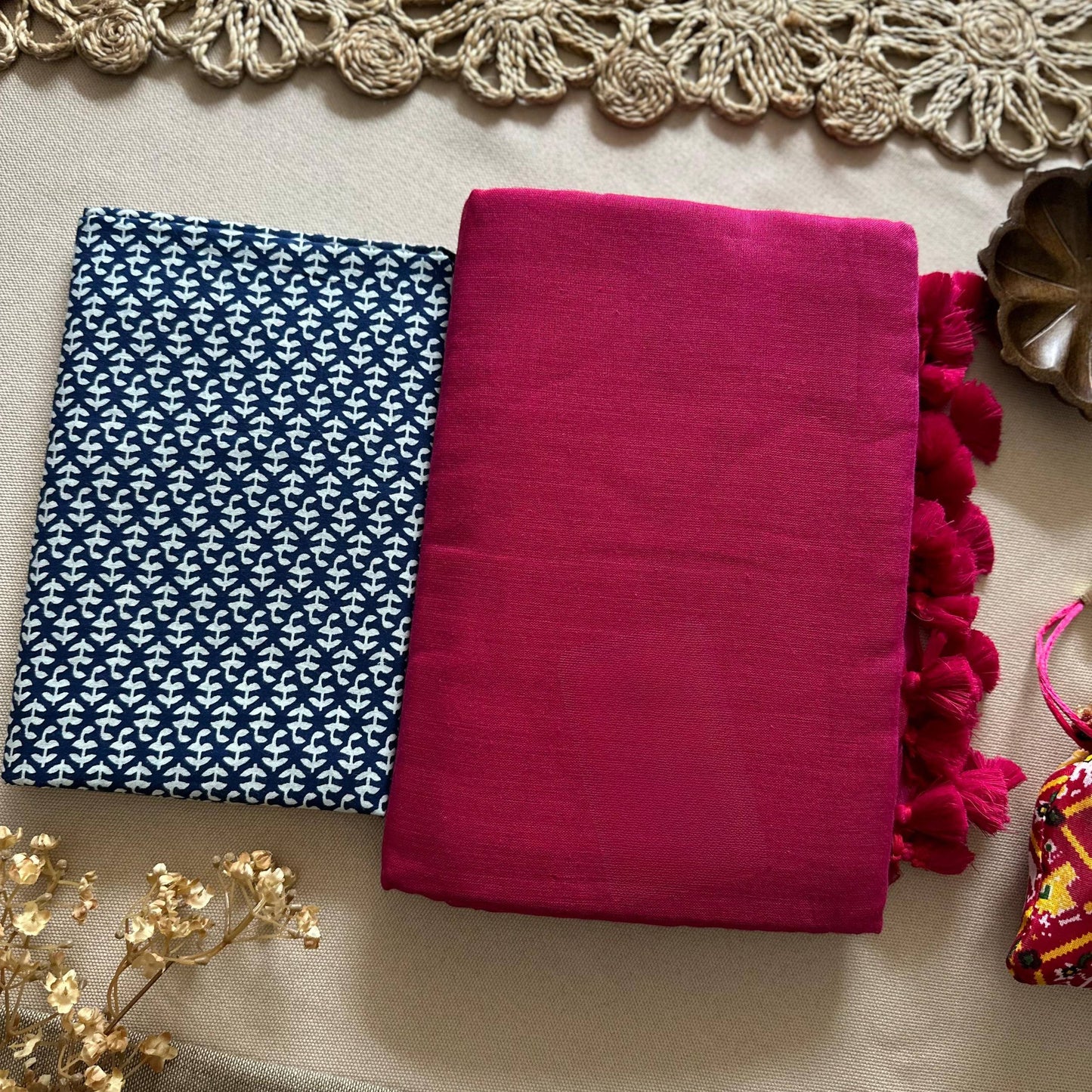 Dharma Exclusive - Pink Handloom Cotton Saree With Traditional Printed Blouse