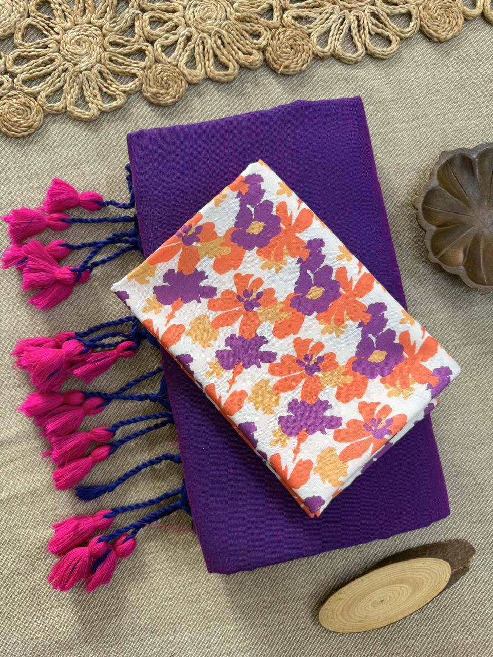 Dharma Exclusive - Lavender Handloom Cotton Saree With Printed Blouse