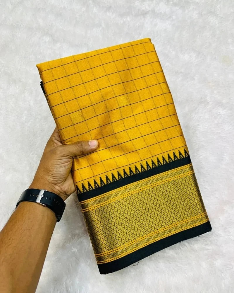 Exclusive Yellow & Gold Chex Woven Cotton Silk Saree With Gold Zari Waving Work