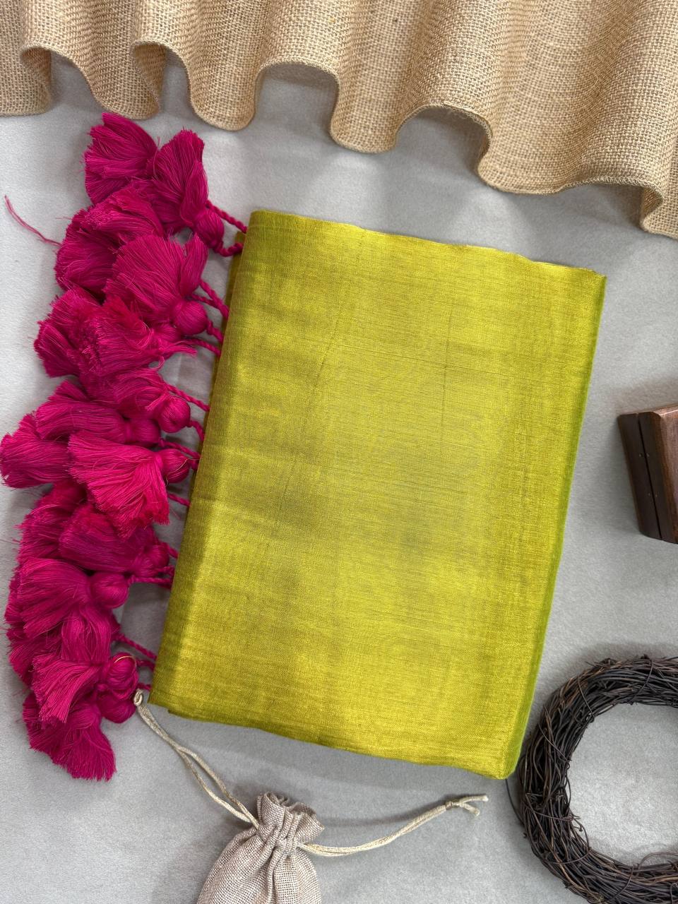 YELLOW HANDLOOM RAGA TISSUE DUAL TONE SAREE WITH POM POM AND BLOUSE