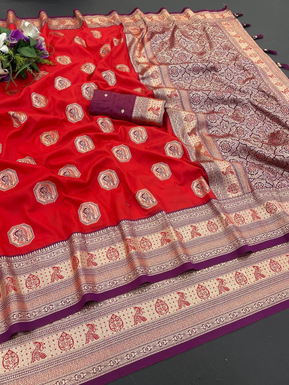 Designer Red Silk Saree With Royal Purple Zari Border For Women
