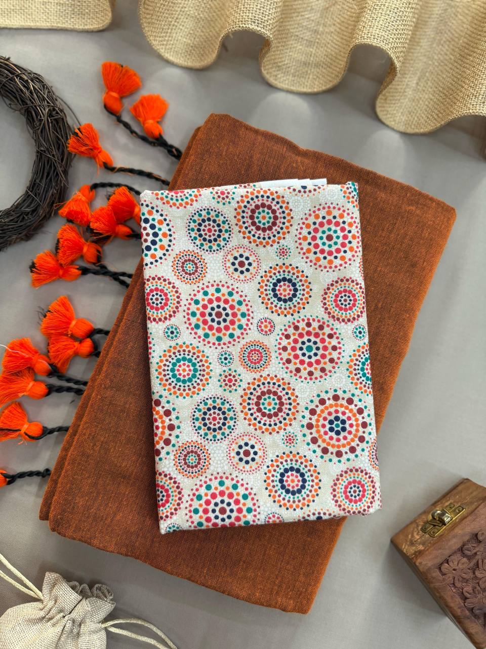 Orange Handloom Cotton Saree With Tassels & Ikkat Printed Blouse