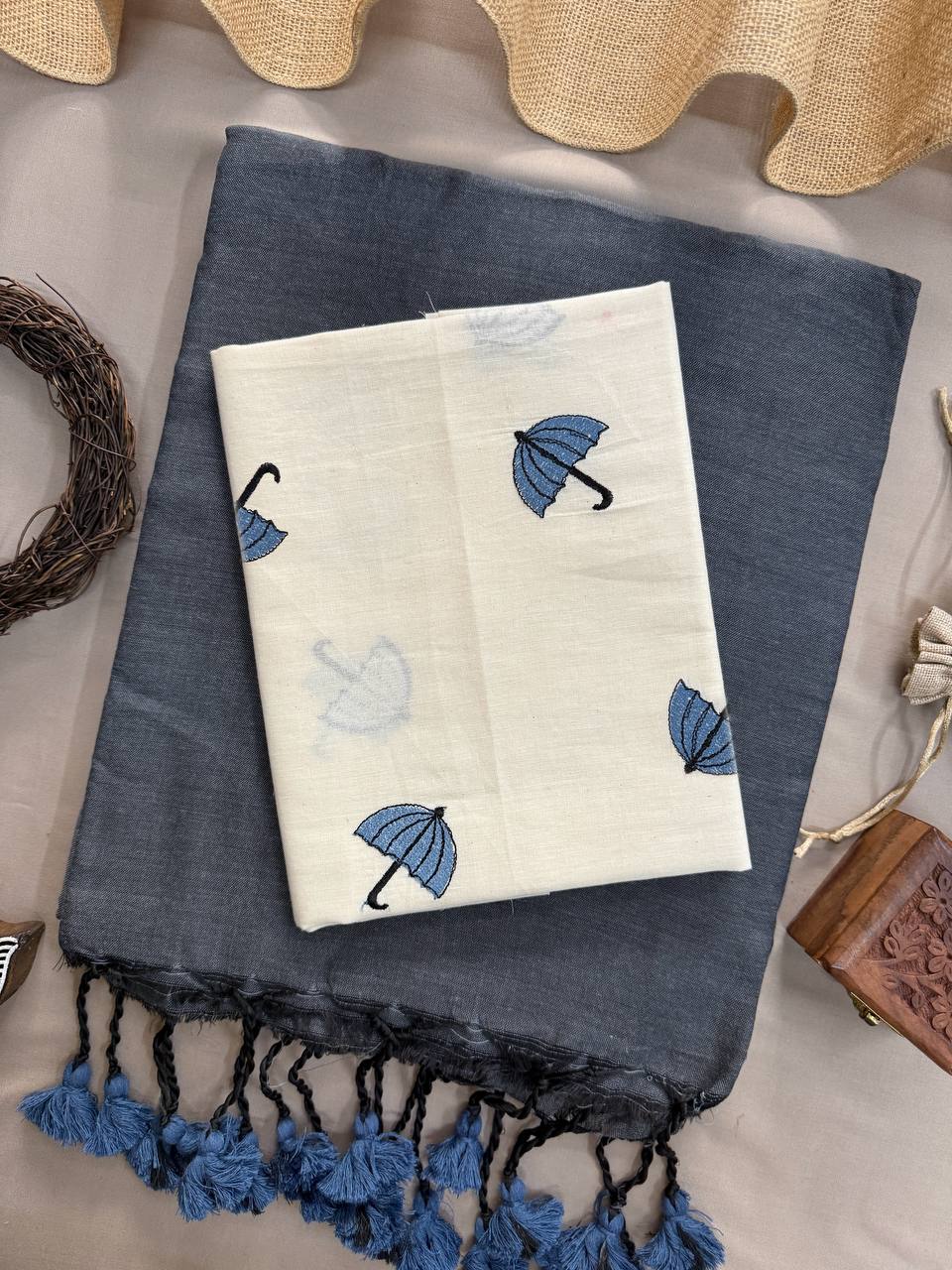 Gray Handloom Cotton Saree With Trandy Embroidery Blouse