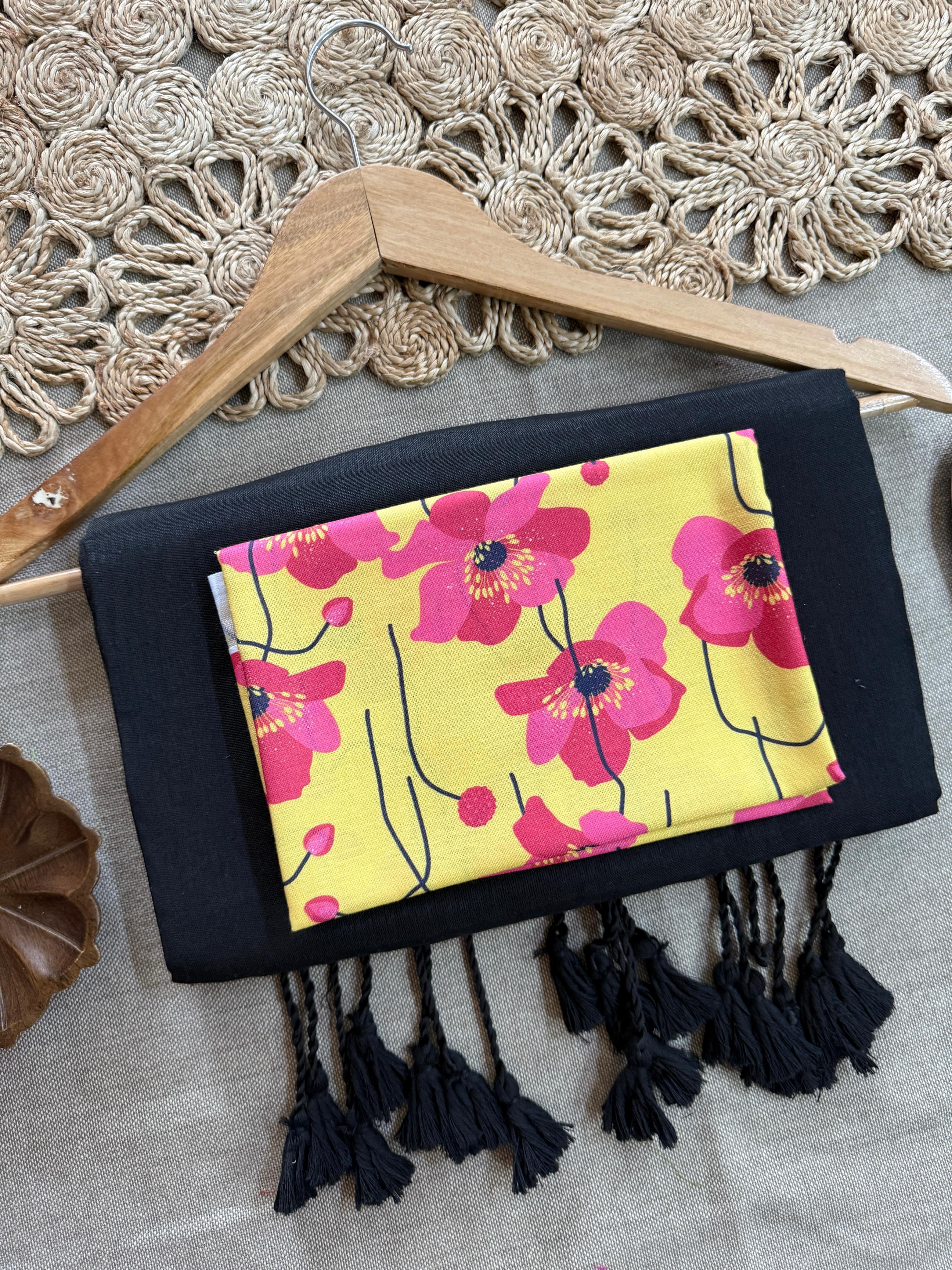 Dharma Exclusive - Black Handloom Cotton Saree With Traditional Printed Blouse