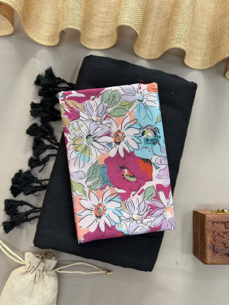 Attractive Black Colour Handloom Cotton Saree With Flower Print Blouse