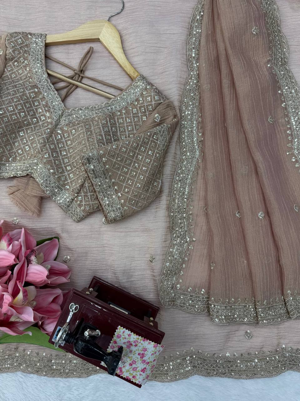 New Designer Rose Gold Tissue Salsa Crush Saree