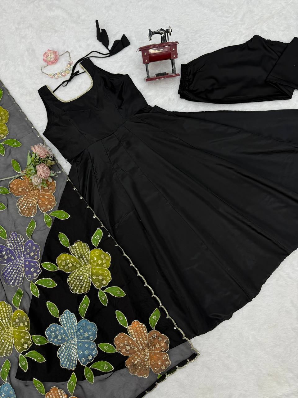 Premium Black Natural Crepe Anarkali Suit Set With Colorful Floral Dupatta