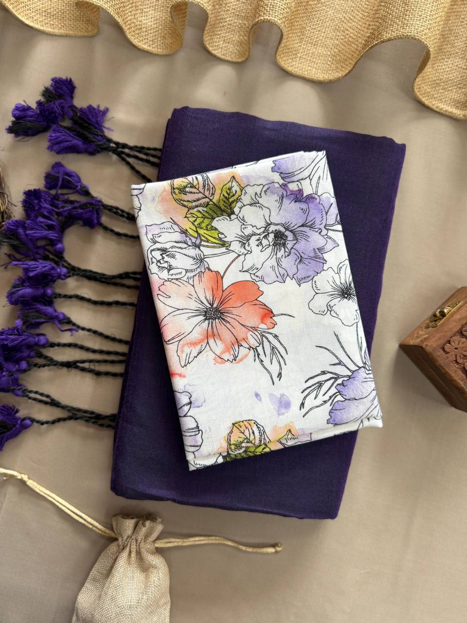 Dark Purple Handloom Cotton Saree With Flower Printed Blouse