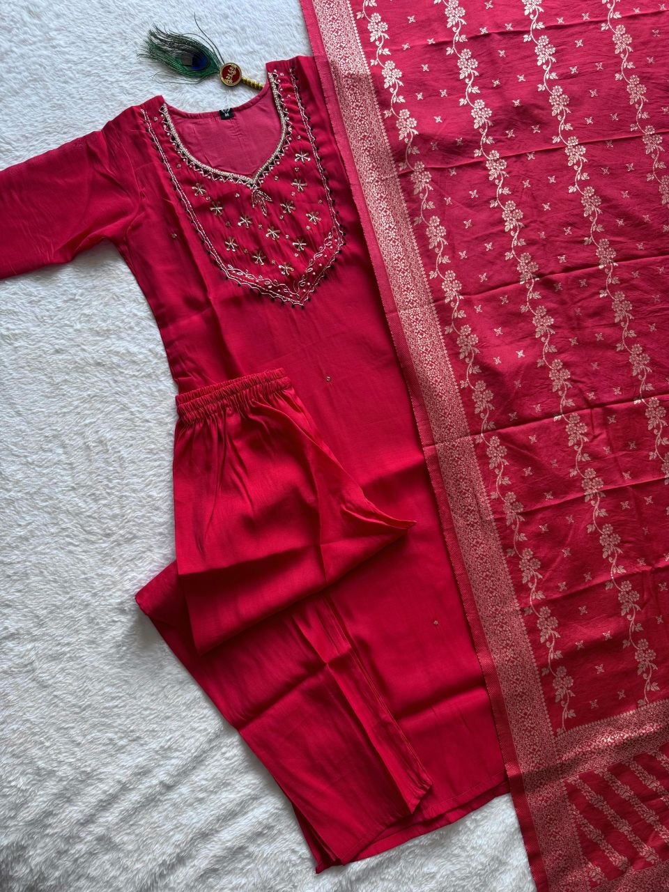 Elegant Handwork Mul Chanderi Suit Set With Jacquard Dupatta