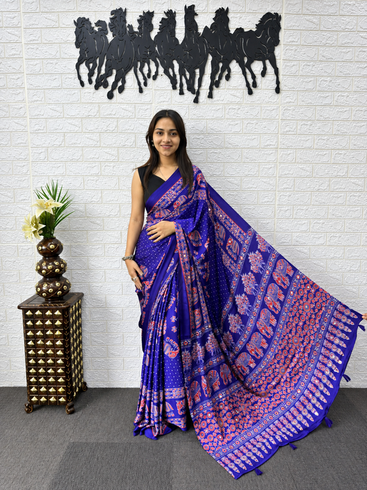 The Blue Darbar Heritage Print Intricate Borders Saree