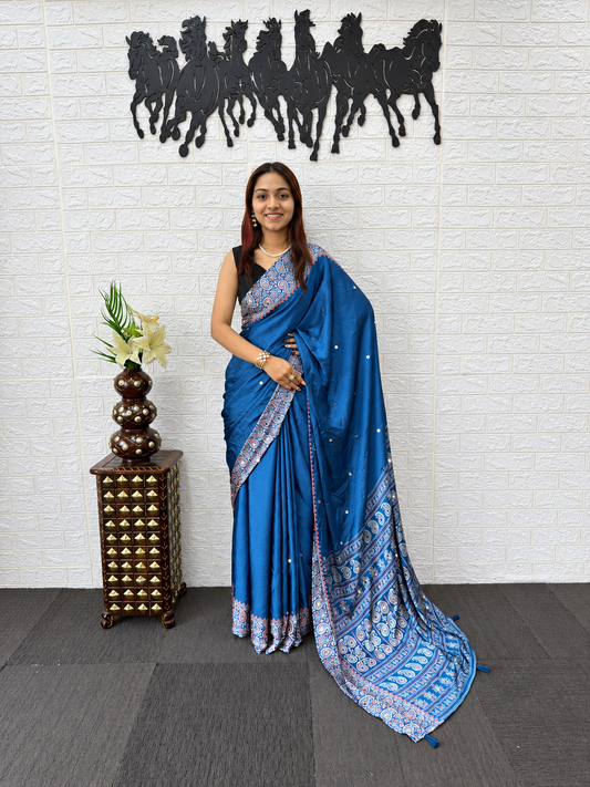 Signature Festive Wear Blue Japan Satin Silk Saree with Ornate Mirror-Lace Border