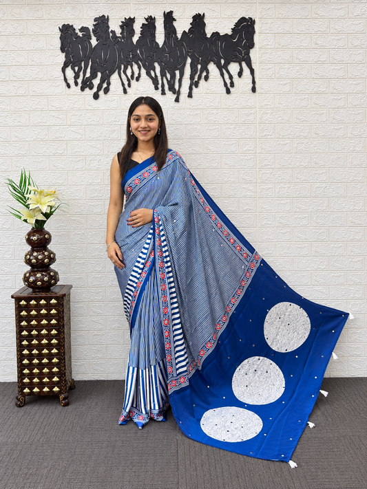 The Kavya Oceanfront Premium Midnight Blue Linear Satin Saree