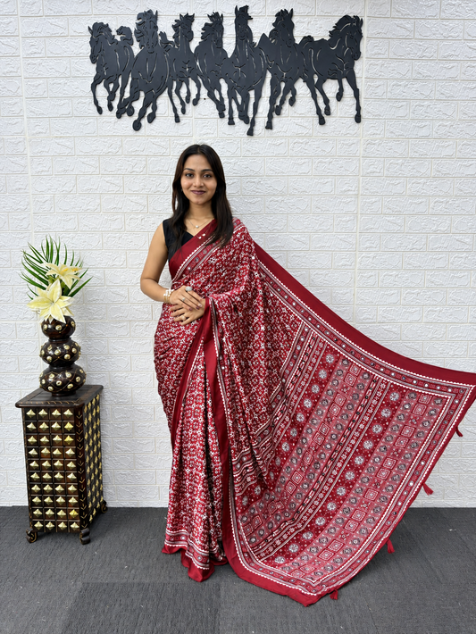 Crimson Ritz Japan Satin Silk Saree with Glinting Mirror Work