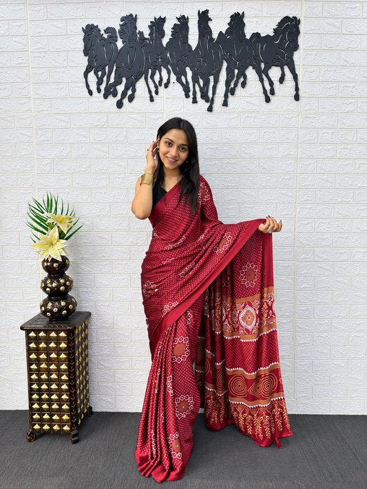 Women Japan Satin Silk Printed Saree with Mirror Work Border and Tassels
