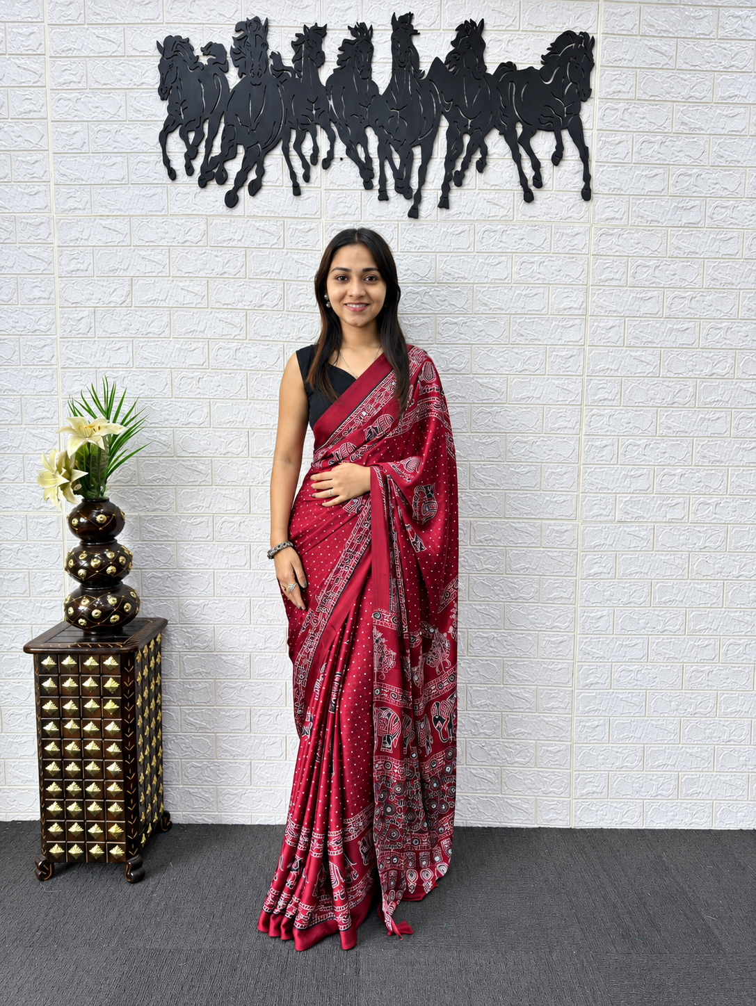 Aarohi Royal Burgundy Heritage Elephant Print Saree with Intricate Floral Borders and Statement Pallu