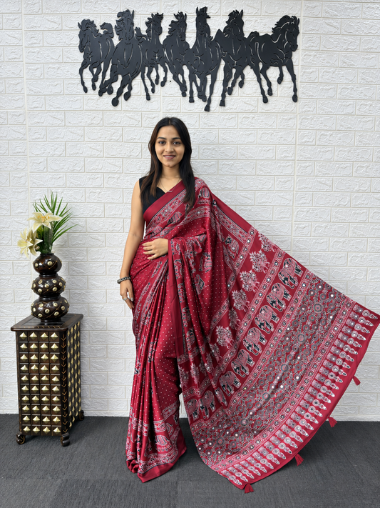 Aarohi Royal Burgundy Heritage Elephant Print Saree with Intricate Floral Borders and Statement Pallu