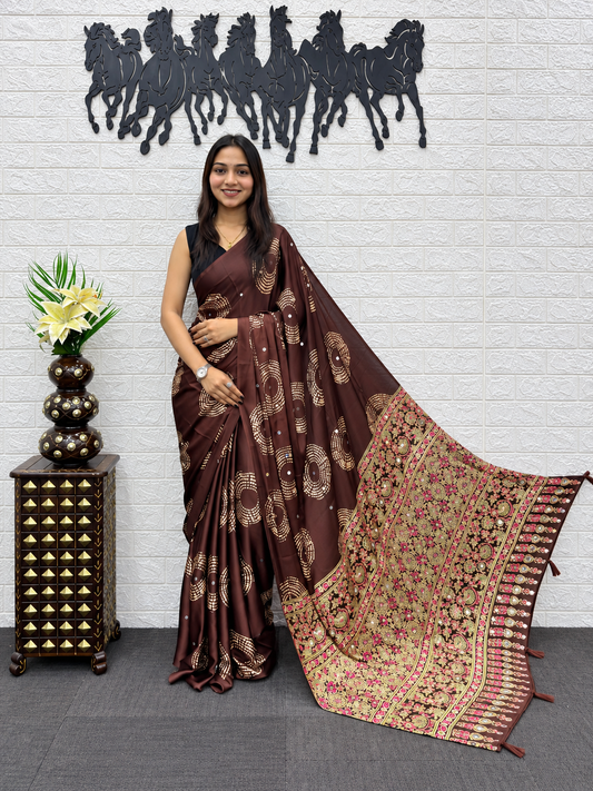 Beautiful Bronze Japan Satin Silk Saree with Heavy Mirror Work