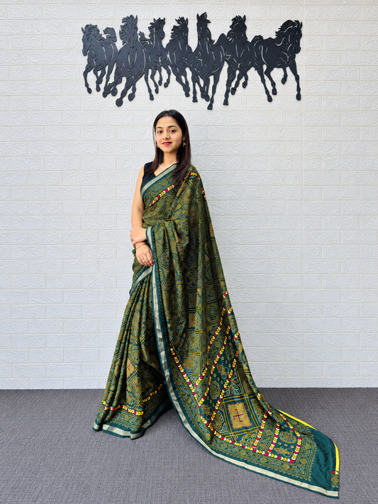 Olive Earth Traditional Block Printed Mall Cotton Saree