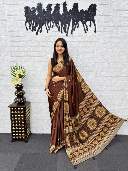 Glamorous Japan Satin Silk Ethnic Saree with Heavy Mirror Work & Elegant Latkans