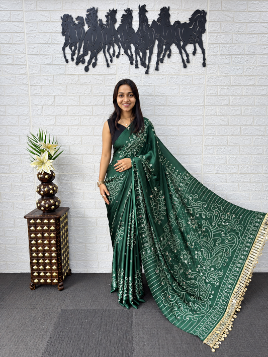 The Emerald Peacock Grace Semi Gajji Satin Silk Bandhani Saree
