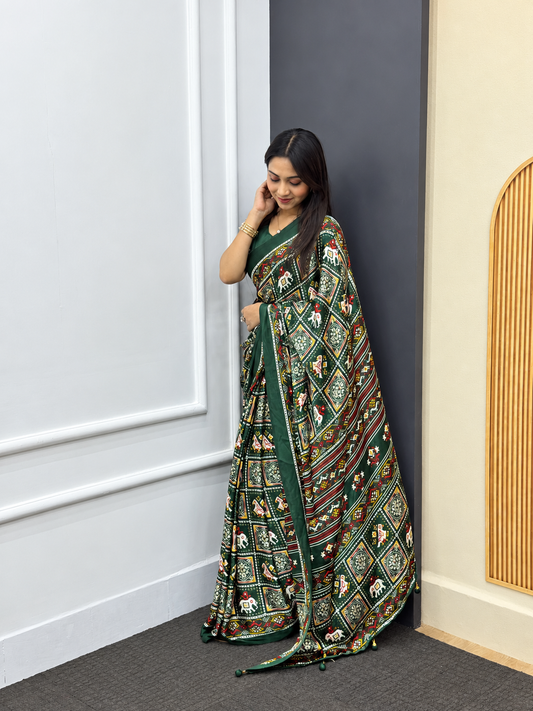 Premium Patola Print Satin Saree with Artisan Latkan