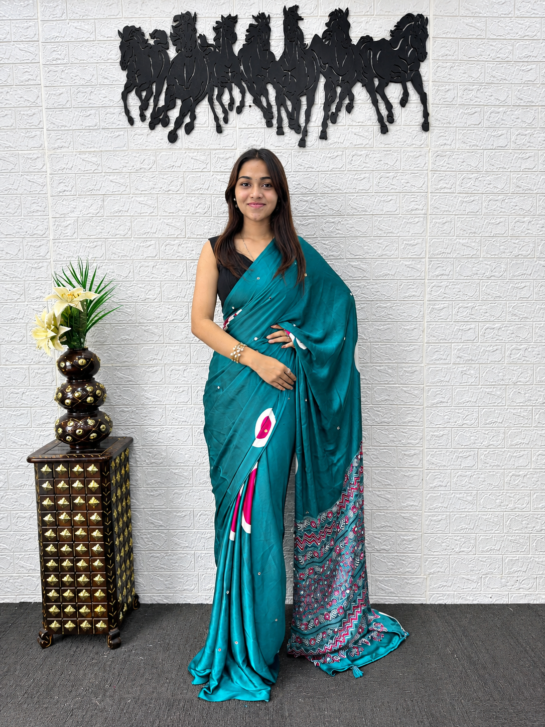 The Myra Signature Peacock Teal Japan Satin Saree with Heavy Mirror Work