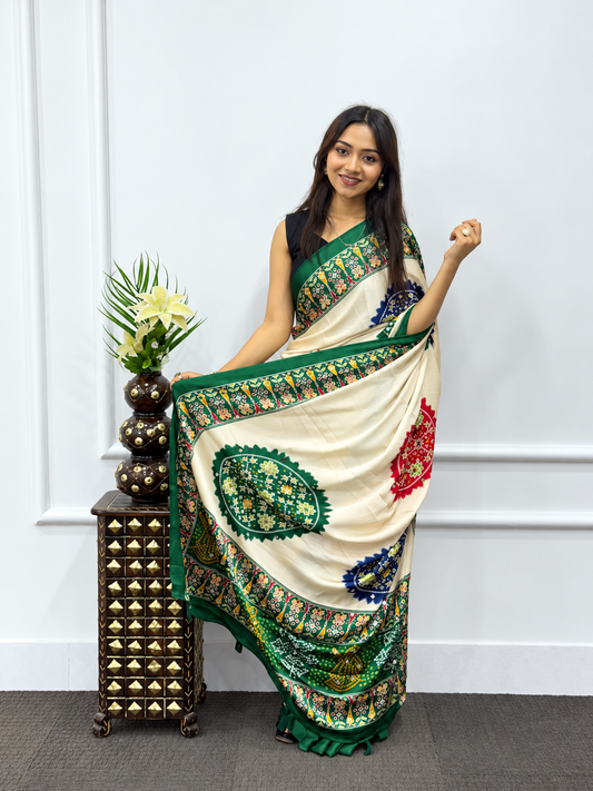 Royal Emerald Green & Ivory Patola Fusion Satin Saree