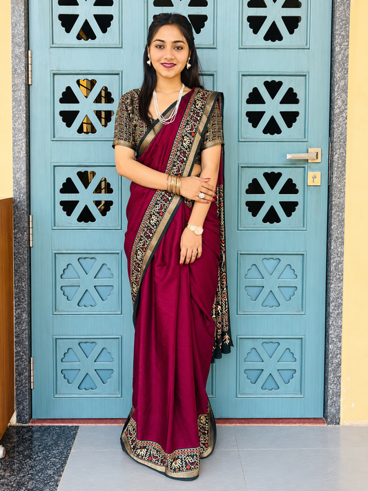 Kadambari Rich Magenta Soft Mul Mul Cotton Silk Saree with Traditional Pen Kalamkari Prints