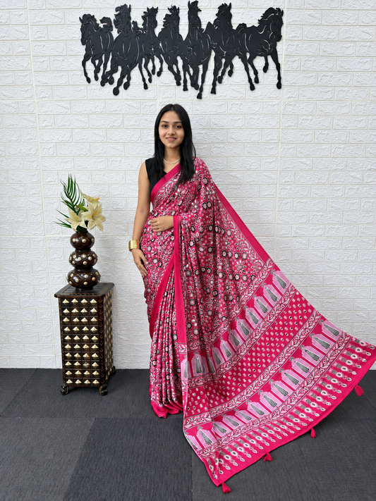 Rosy Radiance Japan Satin Silk Occasion Saree with Heavy Mirror Embellishments and an Ornate Latkan Pallu Border