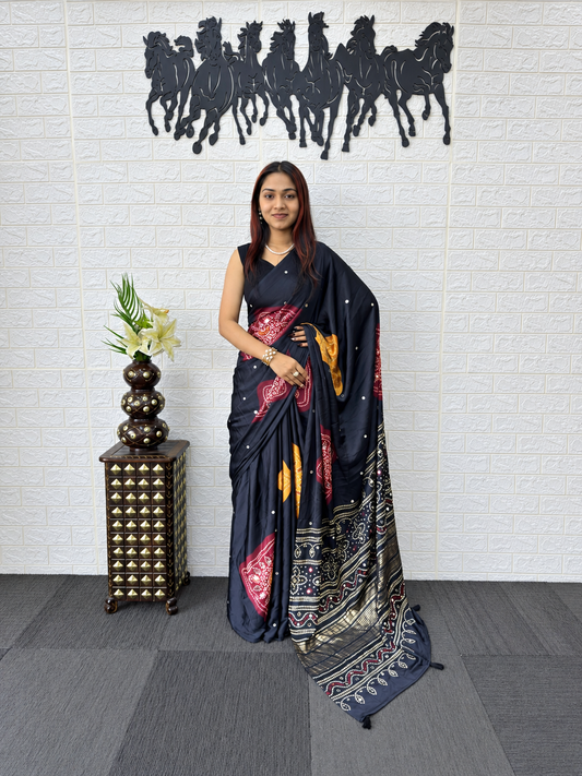 Noir Japan Satin Silk Saree with Royal Bandhani Foil Print and Mirror Work Border