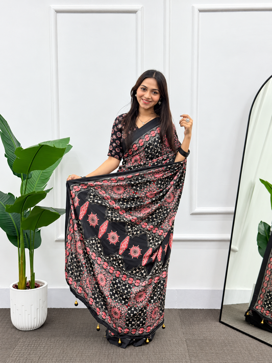 Everyday Glam Premium Crepe Silk Saree with Beautiful Floral Mandala Prints