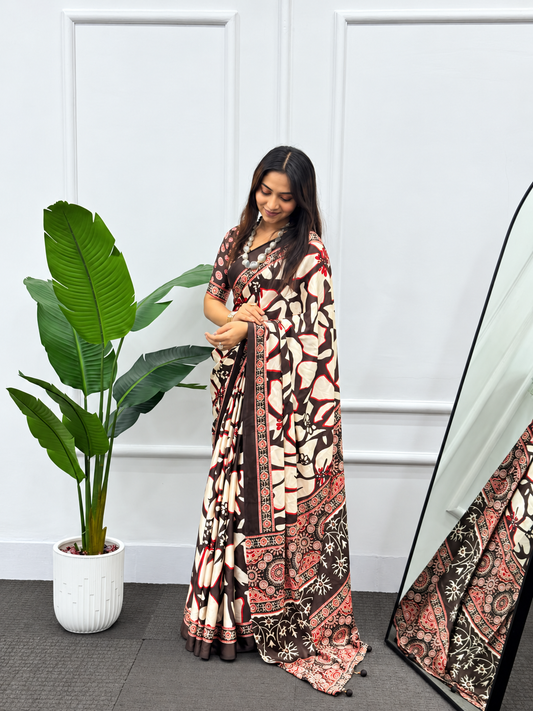 Cocoa Bloom Soft Japan Satin Silk Abstract Print Saree with Heavy Latkan