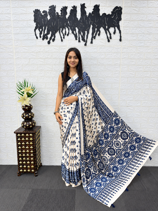 Premium Cream & Navy Japan Satin Silk Saree With Real Mirror Work