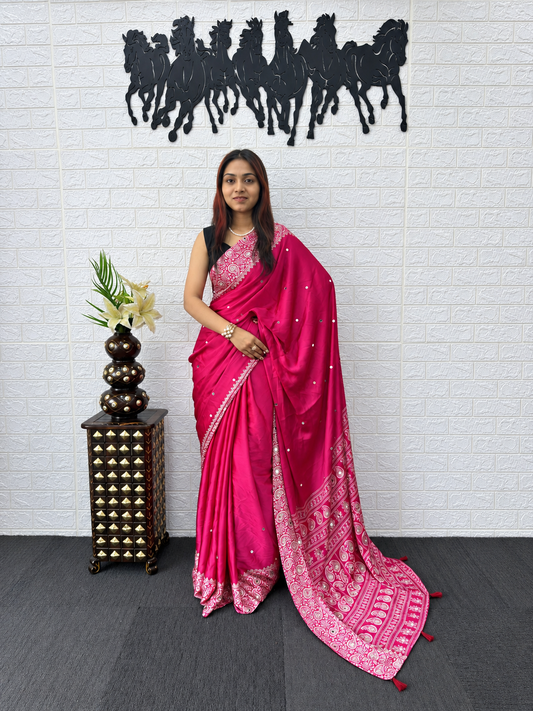 Graceful Reflections Luxury Japan Satin Saree with Tassel Pallu Border