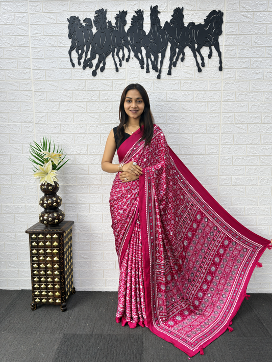 Radiate Festive Joy The Rani Pink Japan Satin Silk Mirror Work Saree