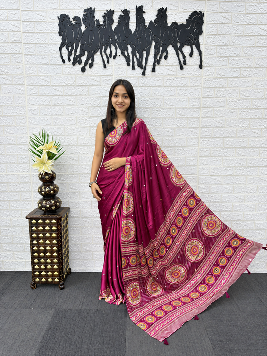 Aanya Royal Wine Japan Satin Silk Saree with Luxurious Mirror Embroidery