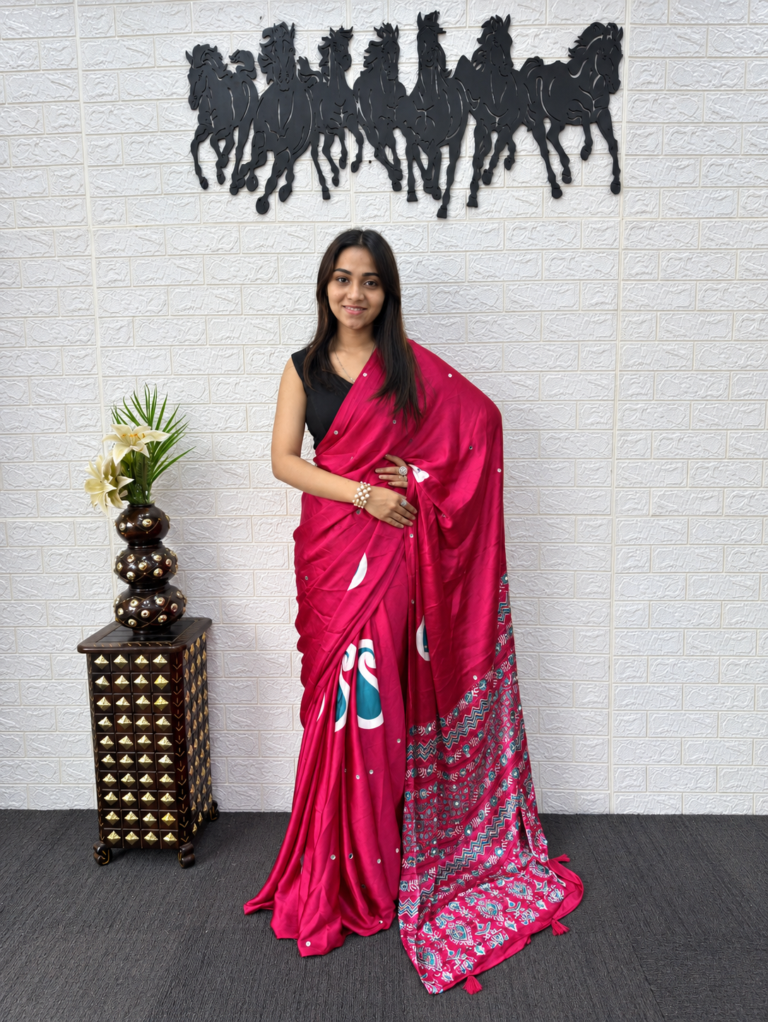 Trending Rani Pink Japan Satin Silk Saree with Heavy Real Mirror Work