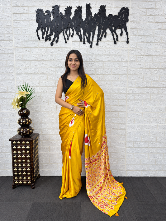 Marigold Magic Heavy Mirror Work Japan Satin Silk Saree with Designer Latkan