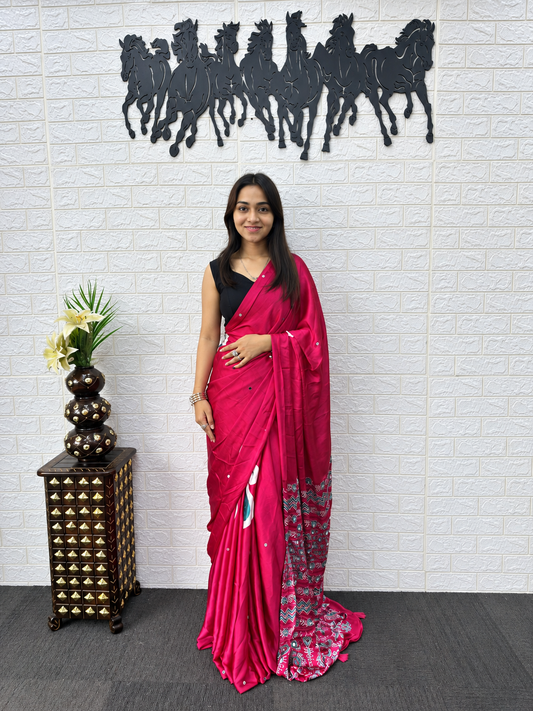 Trending Rani Pink Japan Satin Silk Saree with Heavy Real Mirror Work