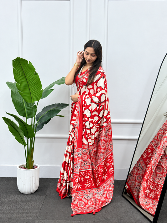 Crimson Flora Premium Japan Satin Silk Saree with Heavy Latkan Pallu