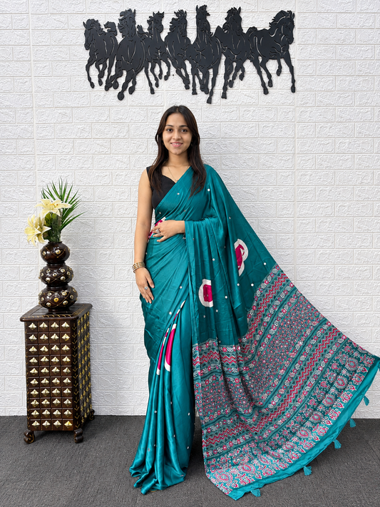 The Myra Signature Peacock Teal Japan Satin Saree with Heavy Mirror Work