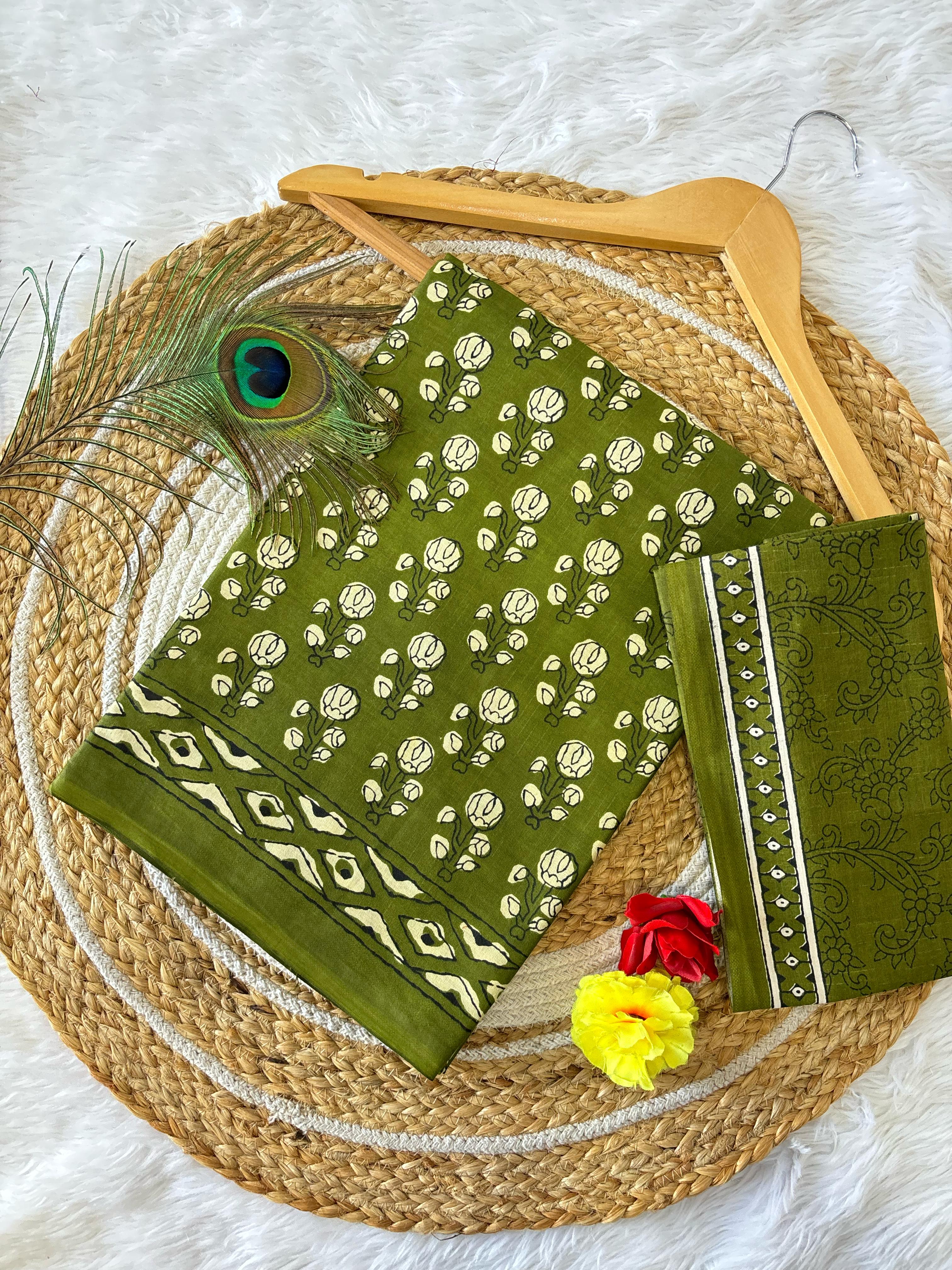 Dharma - Parrot Green Bagru Handblock Print Pure Mul Cotton Saree With Blouse