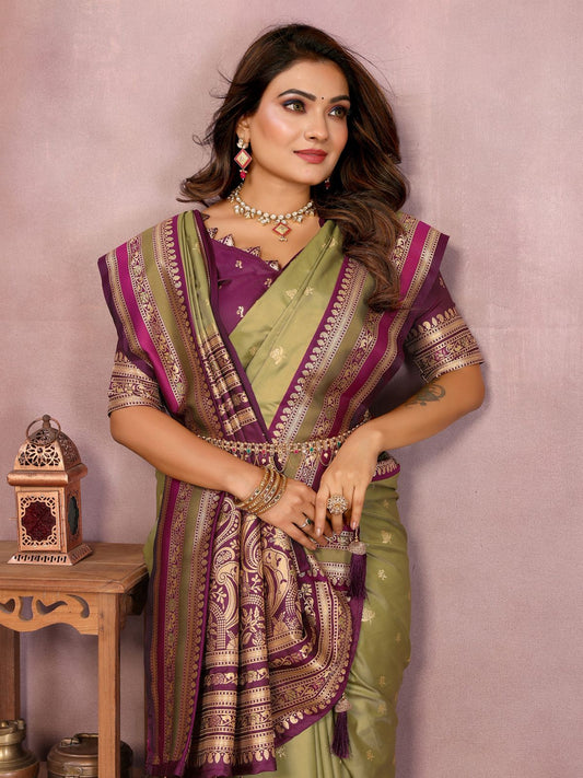 Premium Kalamkari Silk Saree | Olive Green & Purple | Rich Zari Woven Border | Designer Wedding & Festive Wear