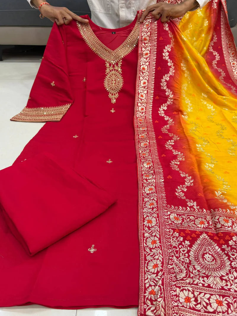 Very Attractive Berry Silk Suit Set with Kanjivaram Dupatta