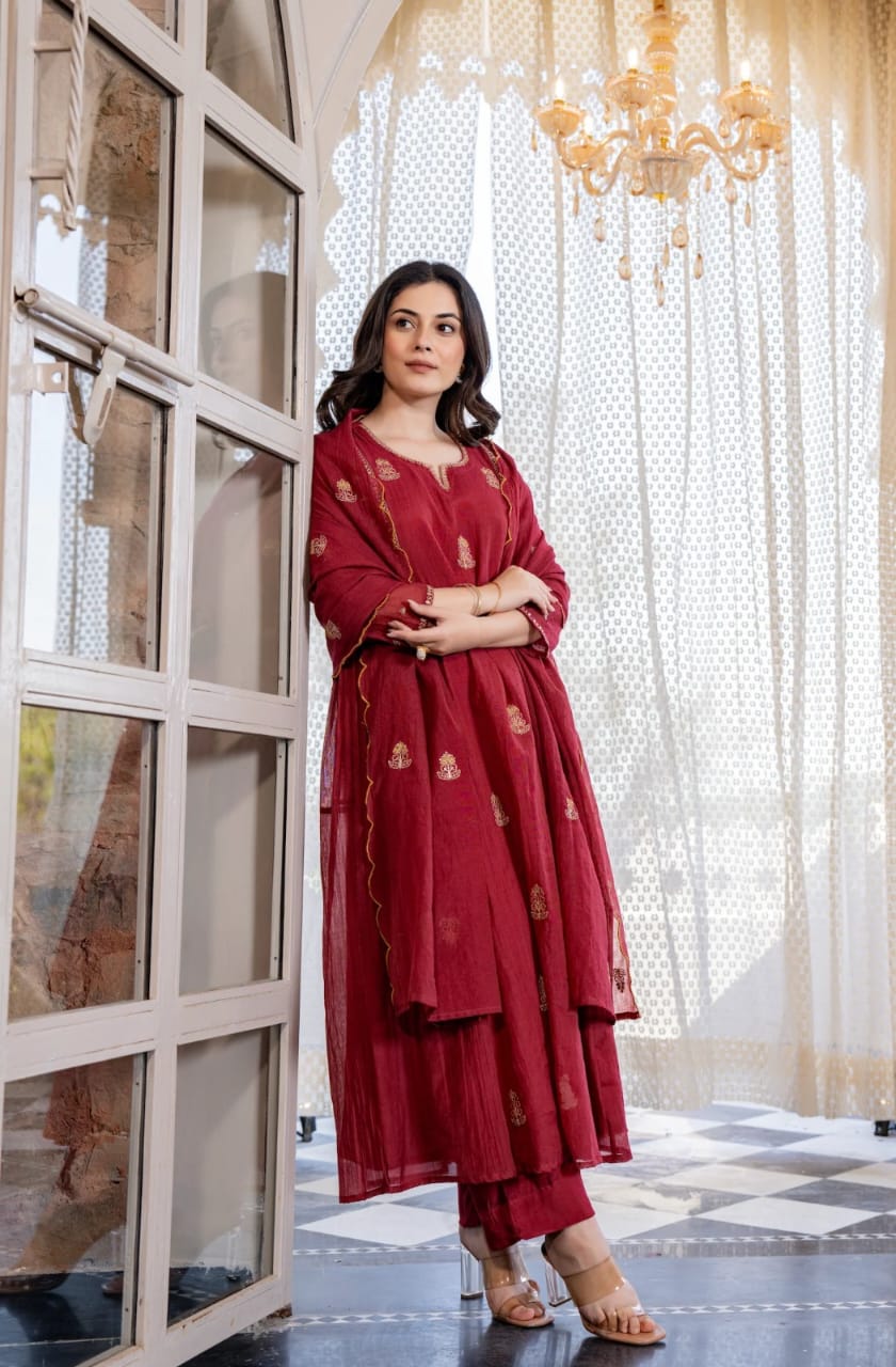 NEW ARIVELLS PURE MUL CHANDERI EMBROIDERY SUIT SET