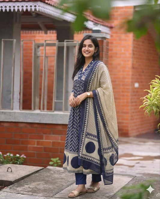 Very Beautiful Blue Anarkali Cotton Suit Set